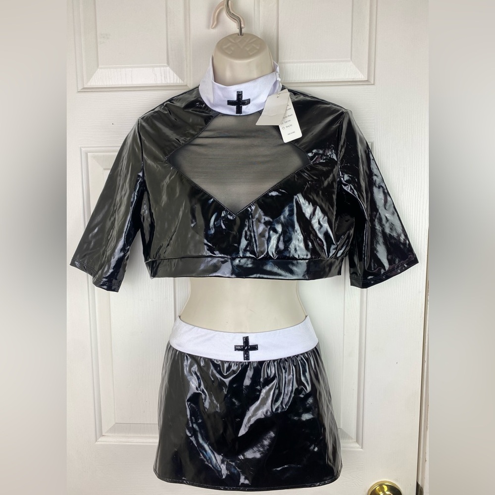 Halloween Glossy Patent Leather Nun Cosplay Costume Outfits Lingerie Sets XL NWT - Picture 2 of 5